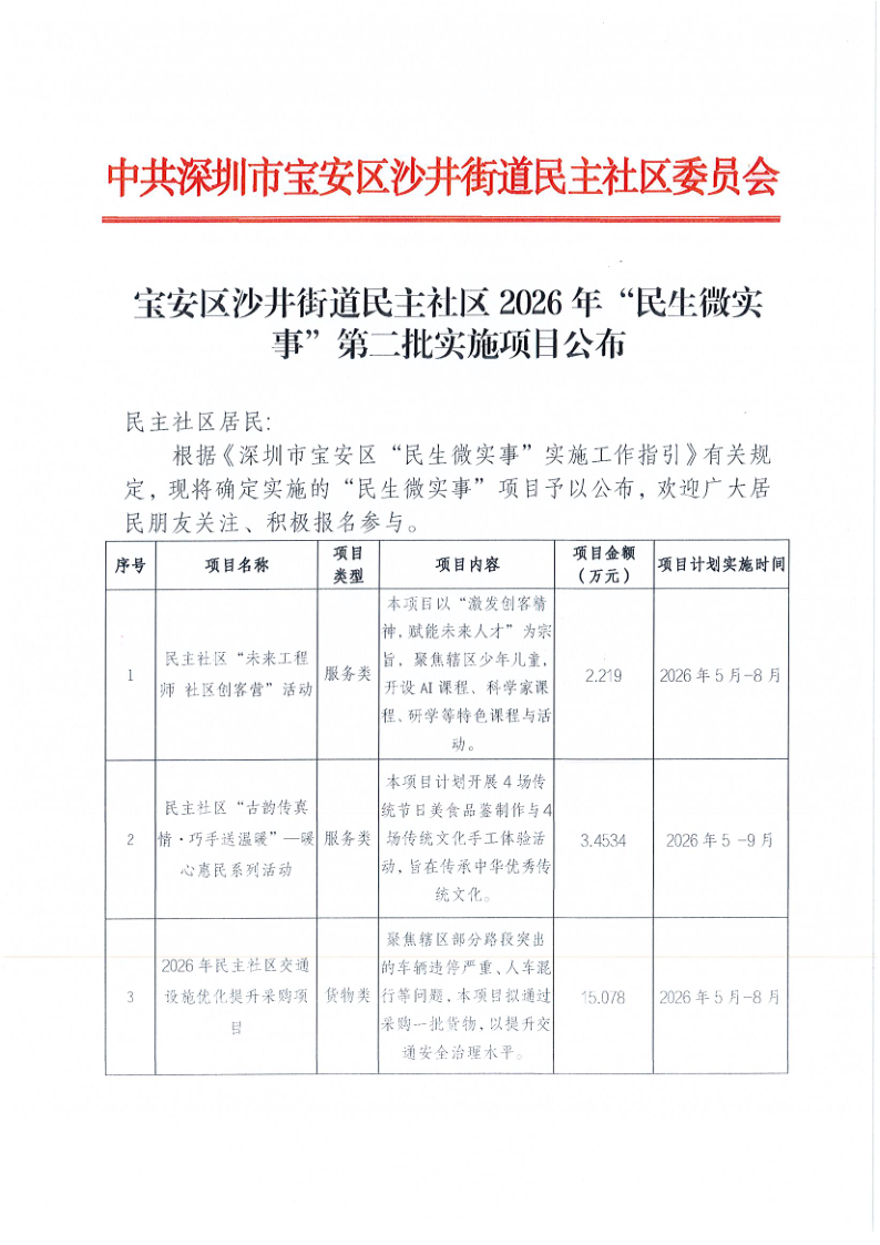 宝安区沙井街道民主社区2026年“民生微实事”第二批实施项目公布_1.png